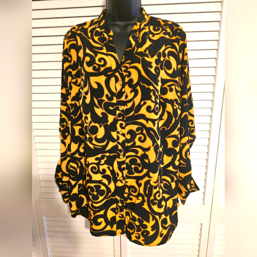 Bold Black and Yellow Long Sleeve Button Down Shirt wore one time 1x